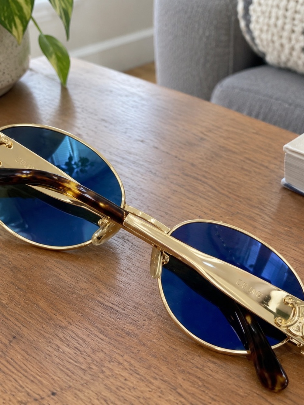 Celine Gold Frame Sunglasses with Blue Lenses and Tortoiseshell Temples